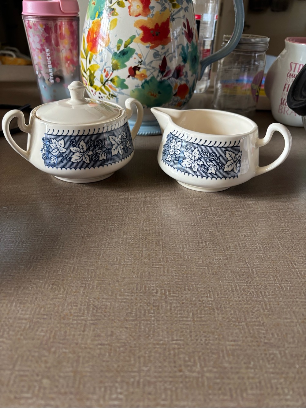 Blue Floral Ceramic Sugar and Creamer Set - White and Blue